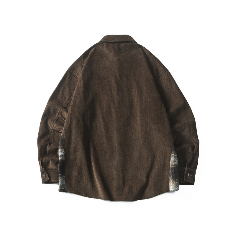 Corduroy Shirt — Brown Plaid-Pocket — Product view